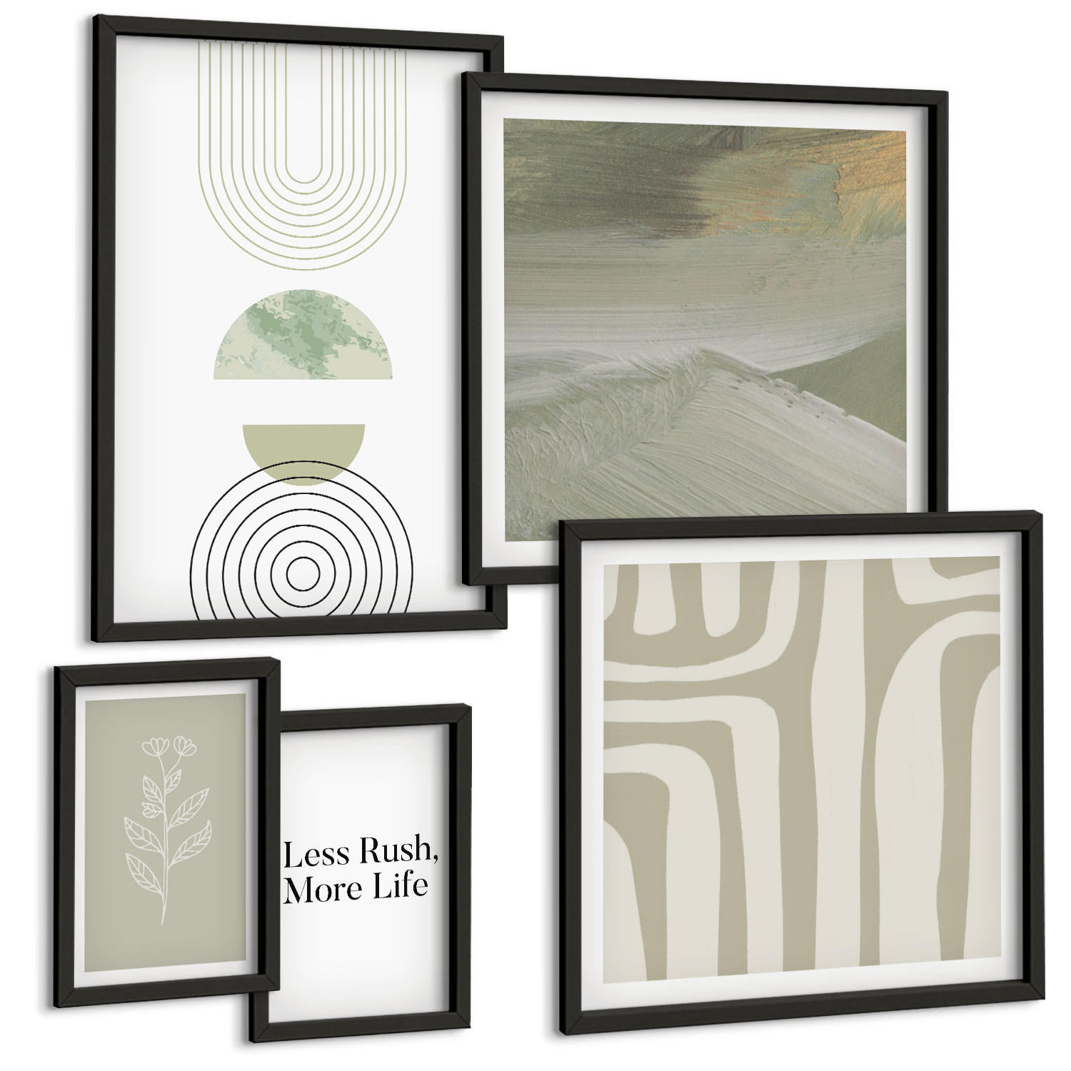 BILDER SET 5er Set - 50x50 cm & 20x30 cm & 40x60 cm Schwarzer Rahmen - Geometrische Pflanzenmuster - Schwarz, Kunststoff (40/60cm) - TULUP