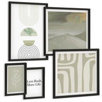 BILDER SET 5er Set - 50x50 cm & 20x30 cm & 40x60 cm Schwarzer Rahmen - Geometrische Pflanzenmuster - Schwarz, Kunststoff (40/60cm) - TULUP