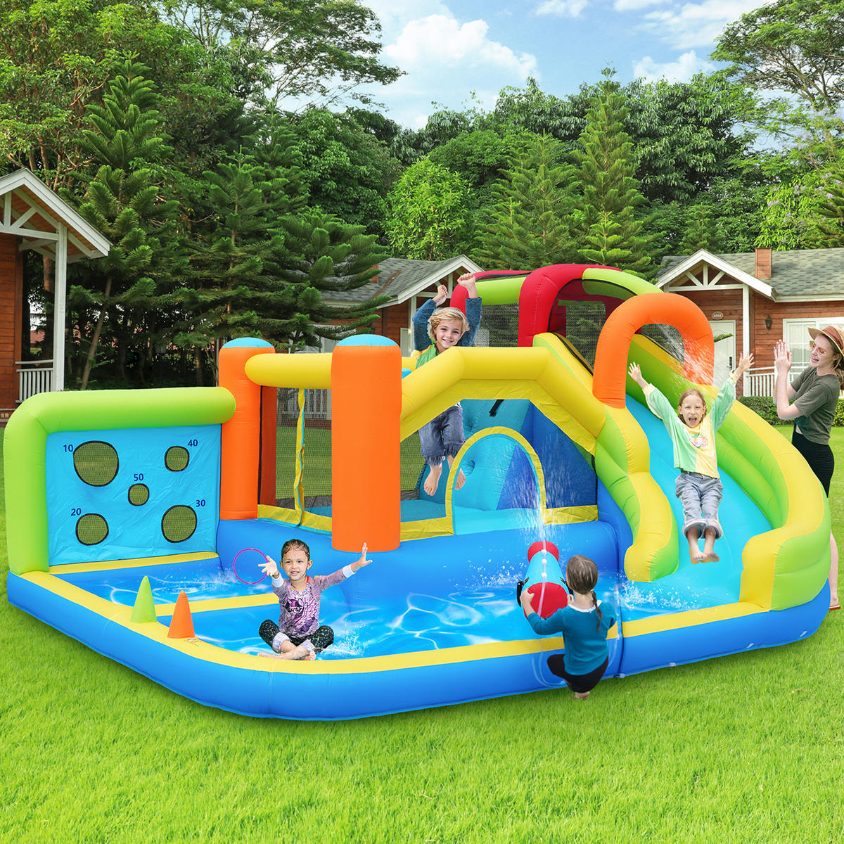 HÜPFBURG Wasserpark Trampolin 450W Gebläse - Blau, Textil (315/410/203cm) - LEBENLANG