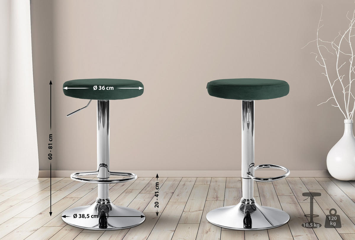 BARHOCKER 2er Set Pontius Samt chrom grün - Chromfarben/Grün, Textil/Metall (38.5/81/38.5cm) - TPFLiving