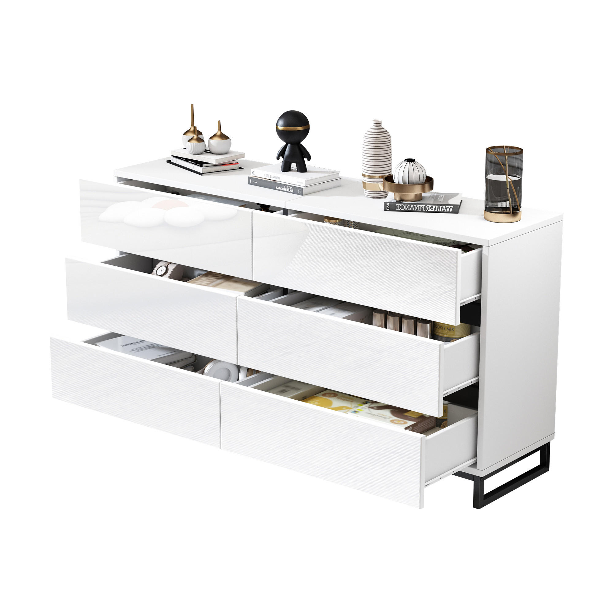 SIDEBOARD 140/39,5/78,5 cm, 6 Schubladen, Hochglanz-Fronten, Weiß/Schwarz - Weiß, Holzwerkstoff (140/78.5/39.5cm) - Redom