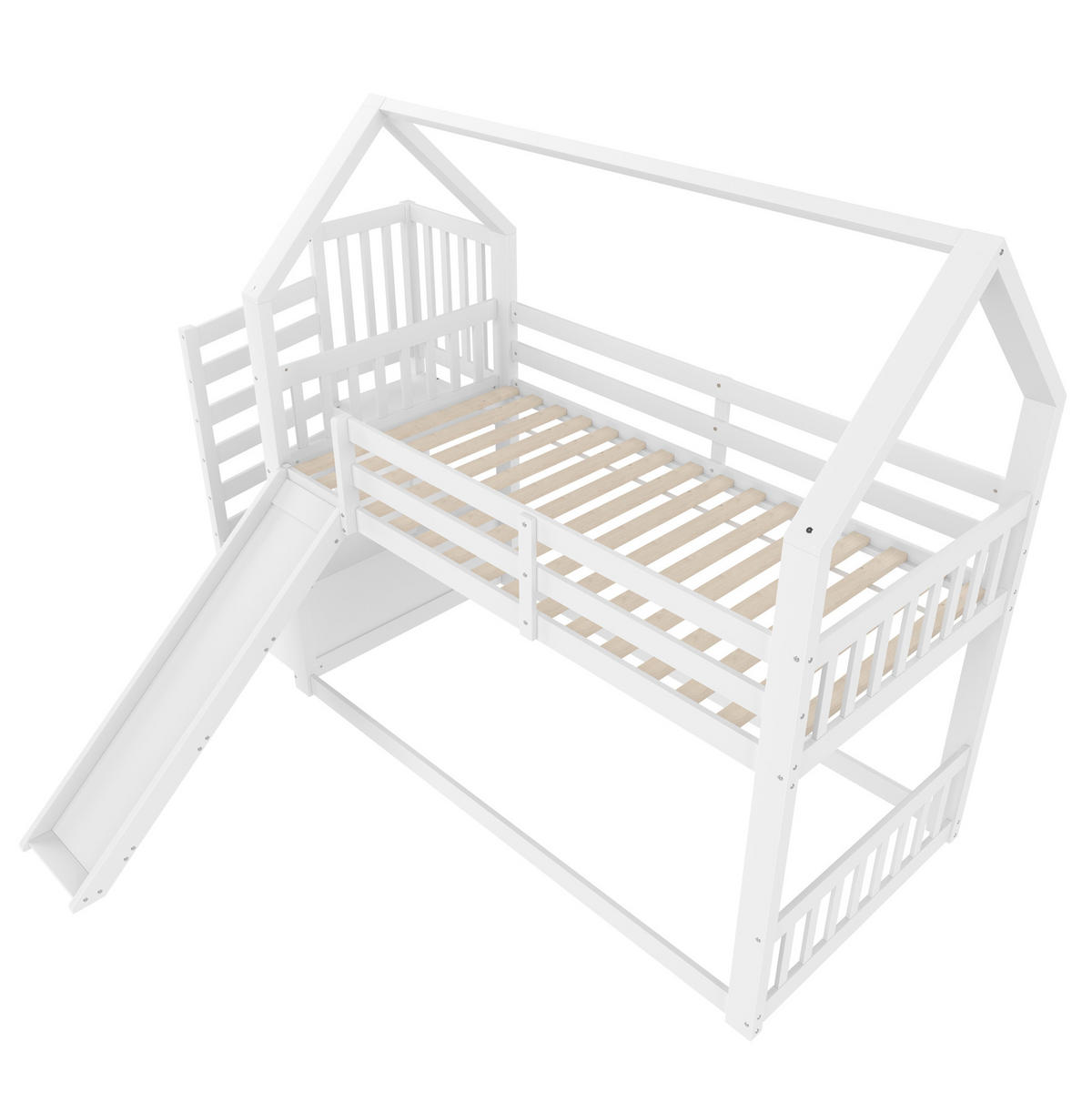 ETAGENBETT aus Kiefer und MDF 90x200 cm Weiß/Grau mit Stauraumtreppe, Rutsche und Hausdesign - Weiß, Holzwerkstoff (90/200cm) - Modfu