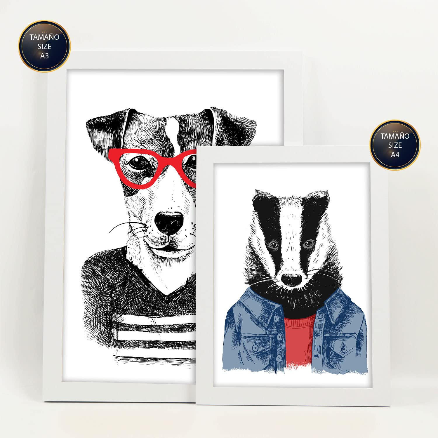 POSTER Set Mit 6 Edle Tiere Im Farbenfrohen Handgezeichneten Stil Weißer Hintergrunddruck Mit Tieren In Menschlicher Kleidung A3 & A4 Weißer Rahmen - Weiß, Papier (29/3cm) - Nacnic