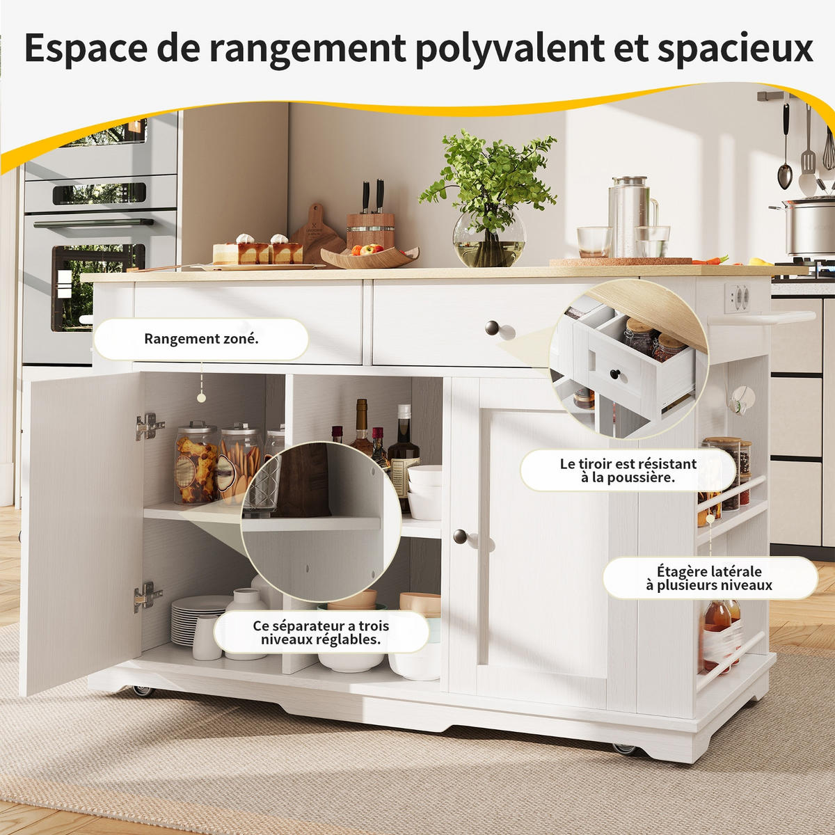 KÜCHENINSEL MIT KLAPPBARER ARBEITSPLATTE UND STECKDOSENLEISTE Metall/MDF Esszimmer 151,5/59,7/91,7 cm - Weiß, Holzwerkstoff (59.7/91.7/151.5cm) - Rolipo