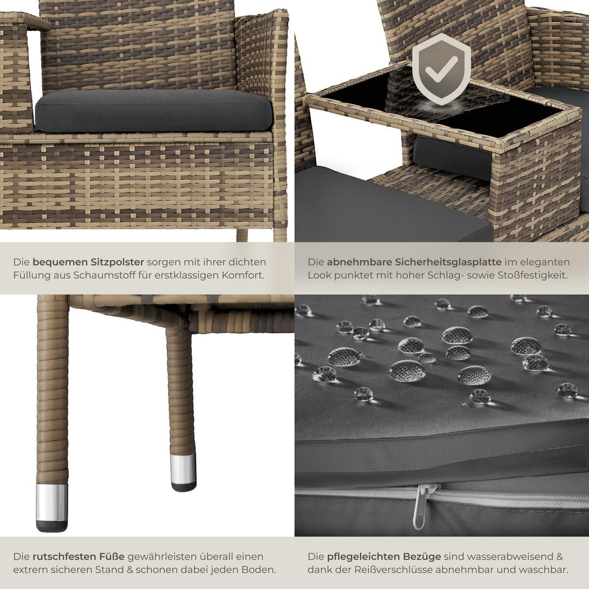 RATTAN GARTENSITZBANK Narbonne, 6 cm Sitzpolster, natur/dunkelgrau - Naturfarben, Kunststoff (61/82/131cm) - tectake