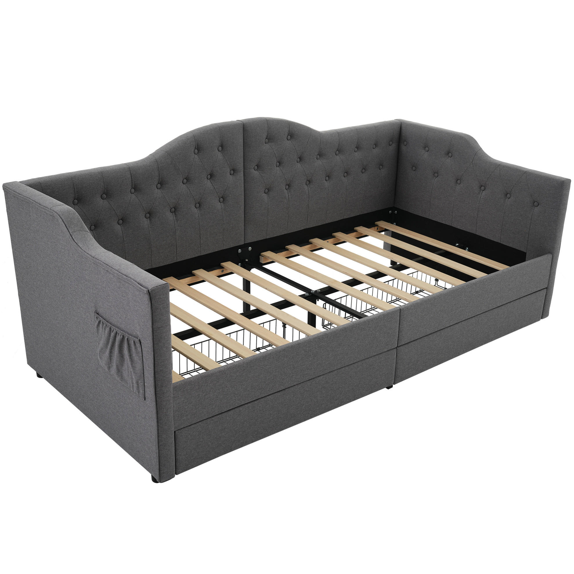 POLSTERBETT 90/200 cm Grau aus Leinen mit 2 Schubladen - Grau, Textil (90/200cm) - OKMYHOME