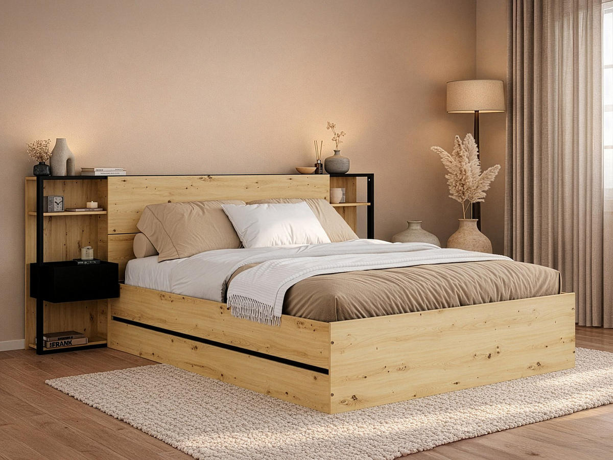 BETT mit Bettkasten - 2 Personen - Holz, Platte - Schwarz, Naturfarben Hell - Schwarz/Naturfarben, Holz (160/200cm) - Vente-Unique