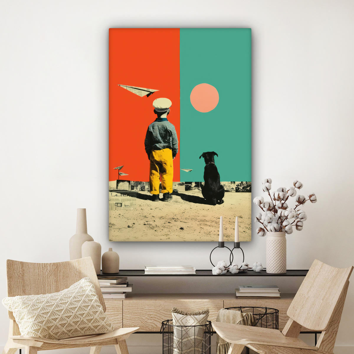 LEINWANDBILD Retro - Junge - Hund - Rot - Grün Deko Groß 90x140 cm - Orange, Textil (90/140cm) - MuchoWow