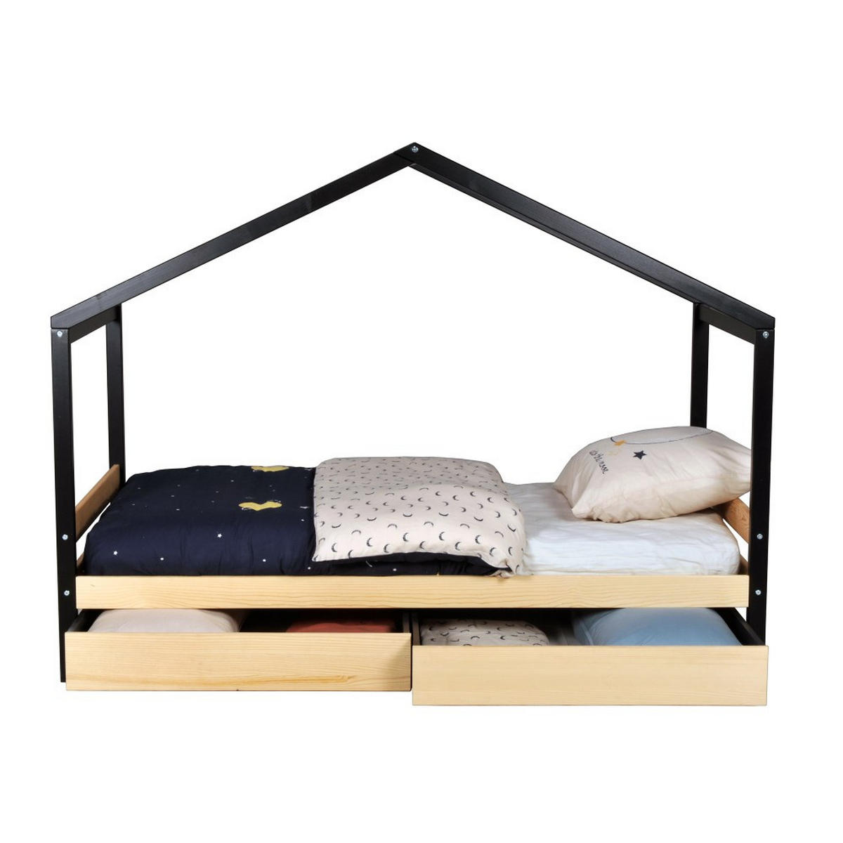 HAUSBETT ETOILE/ SPIELBETT 90x190 + 2 Schubladen - Schwarz und Naturholz - Multicolor, Holz/Holzwerkstoff (90/190cm) - Weber Industries