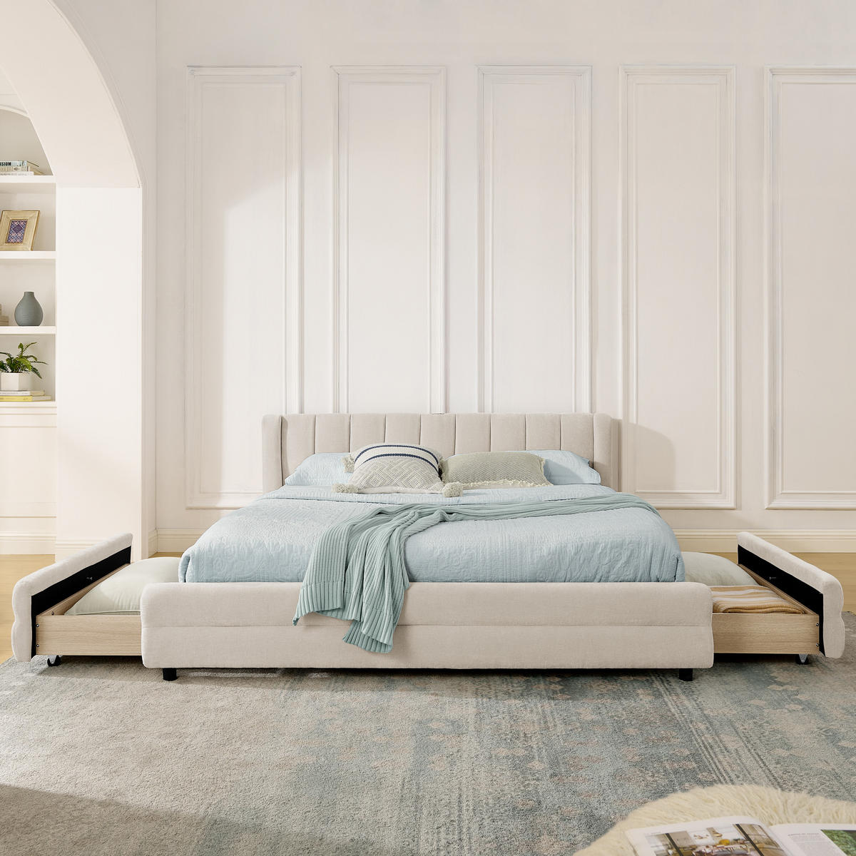 POLSTERBETT 140/200 cm DE-03800, mit 4 Schubladen und Chenille-Bezug, in Beige - Beige, Metall (140/200cm) - ComfortXL