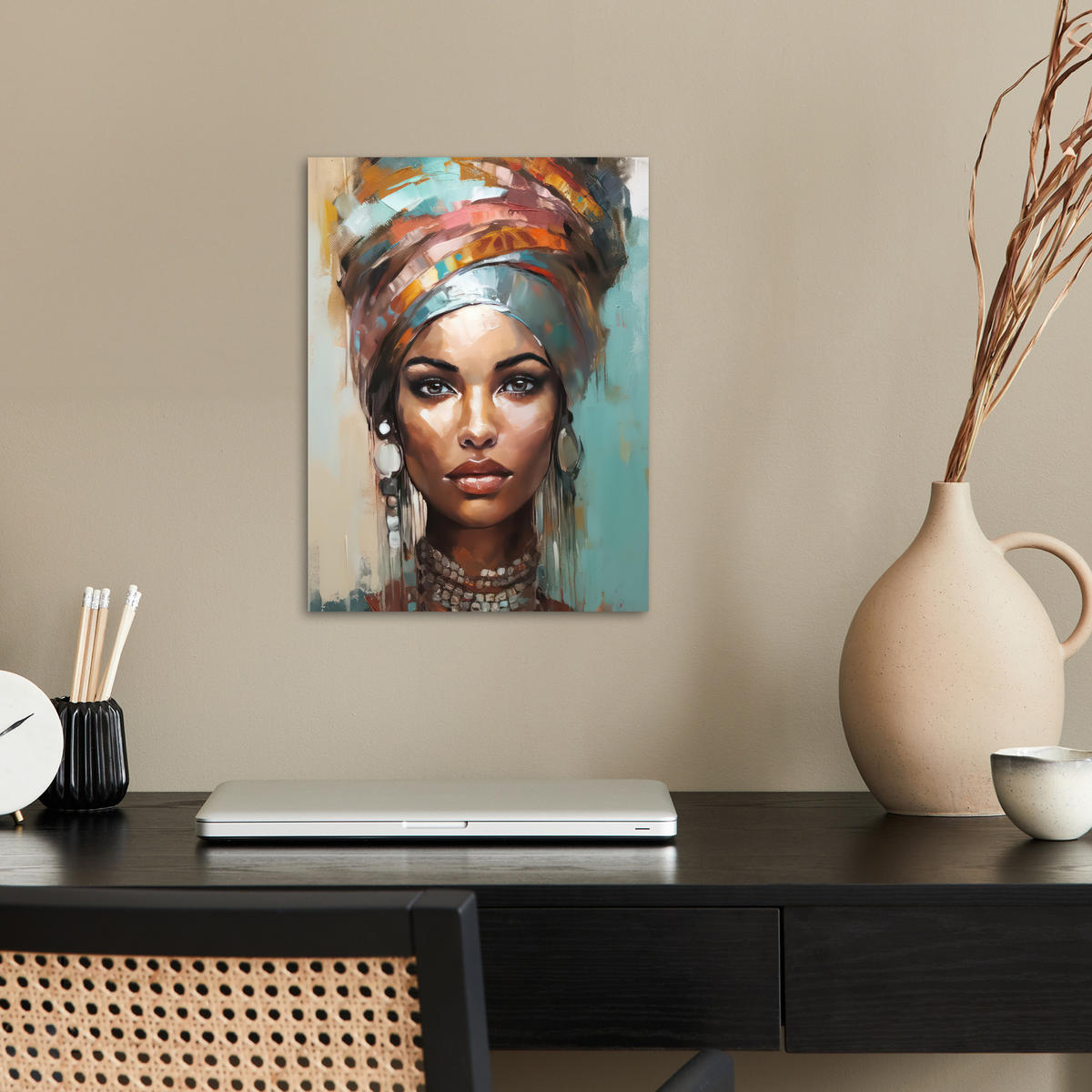 POSTER Frau - Kunst - Schmuck - Porträt 30x40 cm - Blaugrau, Papier (30/40/0.1cm) - MuchoWow