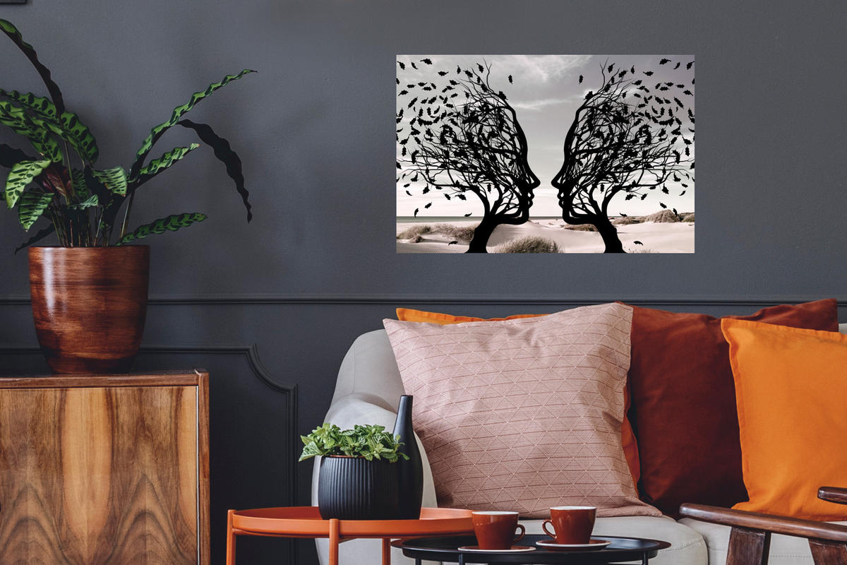 WANDTATTOO Strand - Meer - Menschen - Baum - Moderne Kunst 60x40 cm - Hellgrau, Kunststoff (60/40/0.1cm) - MuchoWow