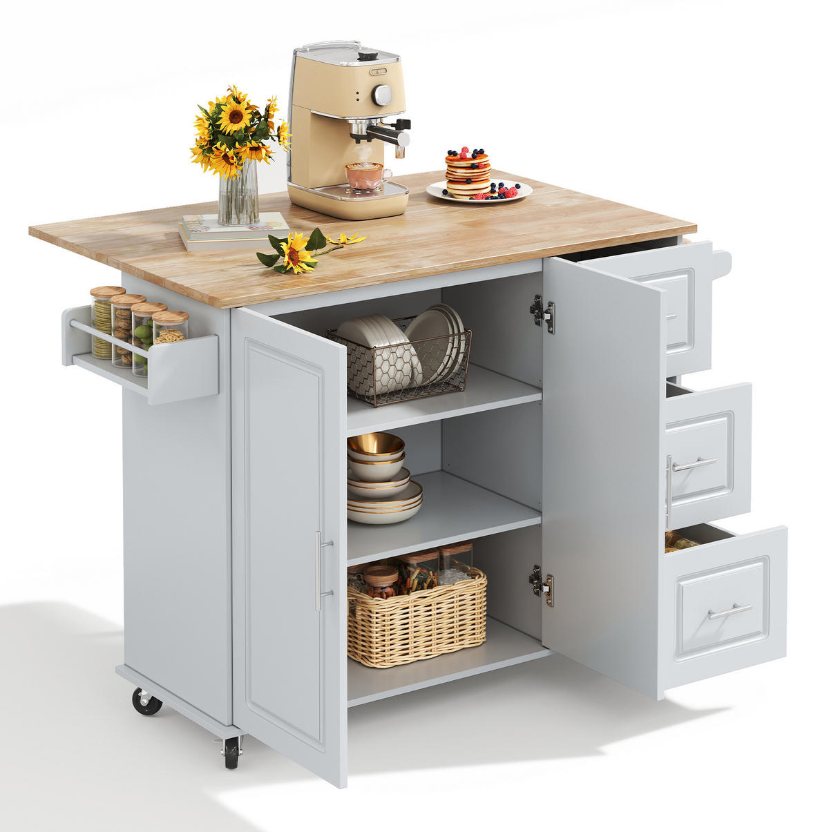KÜCHENINSEL 137/43(76)/92 cm mit klappbarer Arbeitsplatte, 3 Schubladen und Rollen, Grau - Grau, Holzwerkstoff (137/92/76cm) - Redom