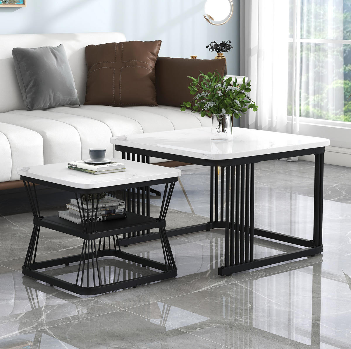 COUCHTISCH-SET aus MDF 65x65x45 cm Weiß in Marmoroptik mit schwarzen Stahlbeinen - Weiß, Holzwerkstoff (65/65/45cm) - IVMEU