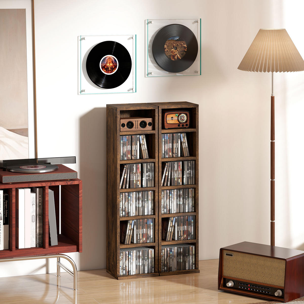 CD-REGAL 2er-Set DE-14441 12 Fächer für 204 CDs Rustikales Braun - Braun, Holzwerkstoff (22.5/88.5/21cm) - ComfortXL