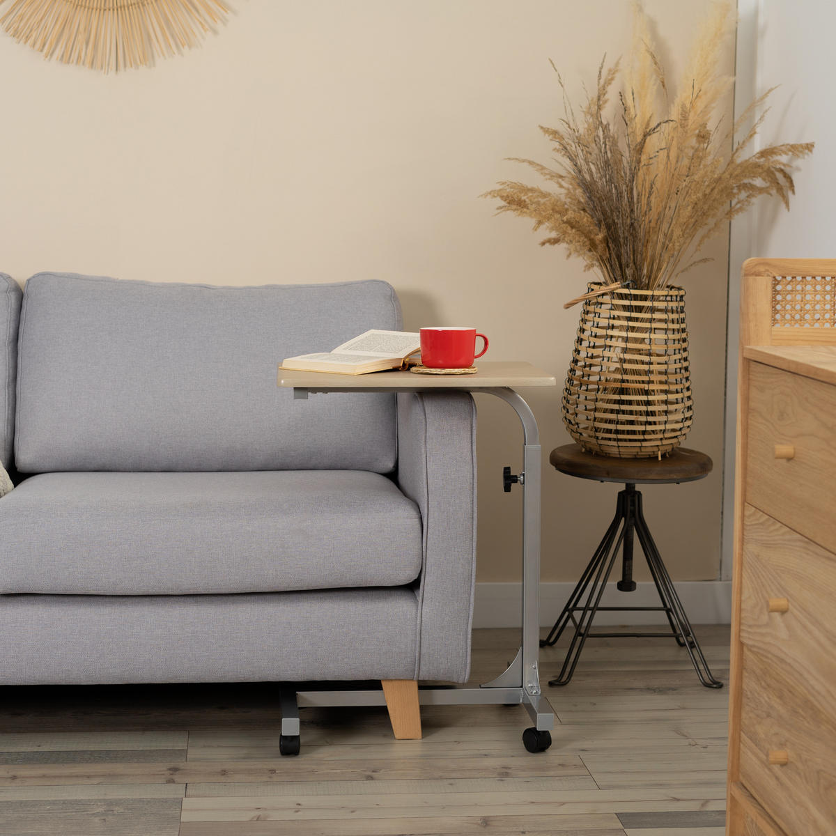 BEISTELLTISCH HÖHENVERSTELLBAR MIT ROLLEN - Eichefarben, Metall (79/48/37cm) - Meubles Cosy