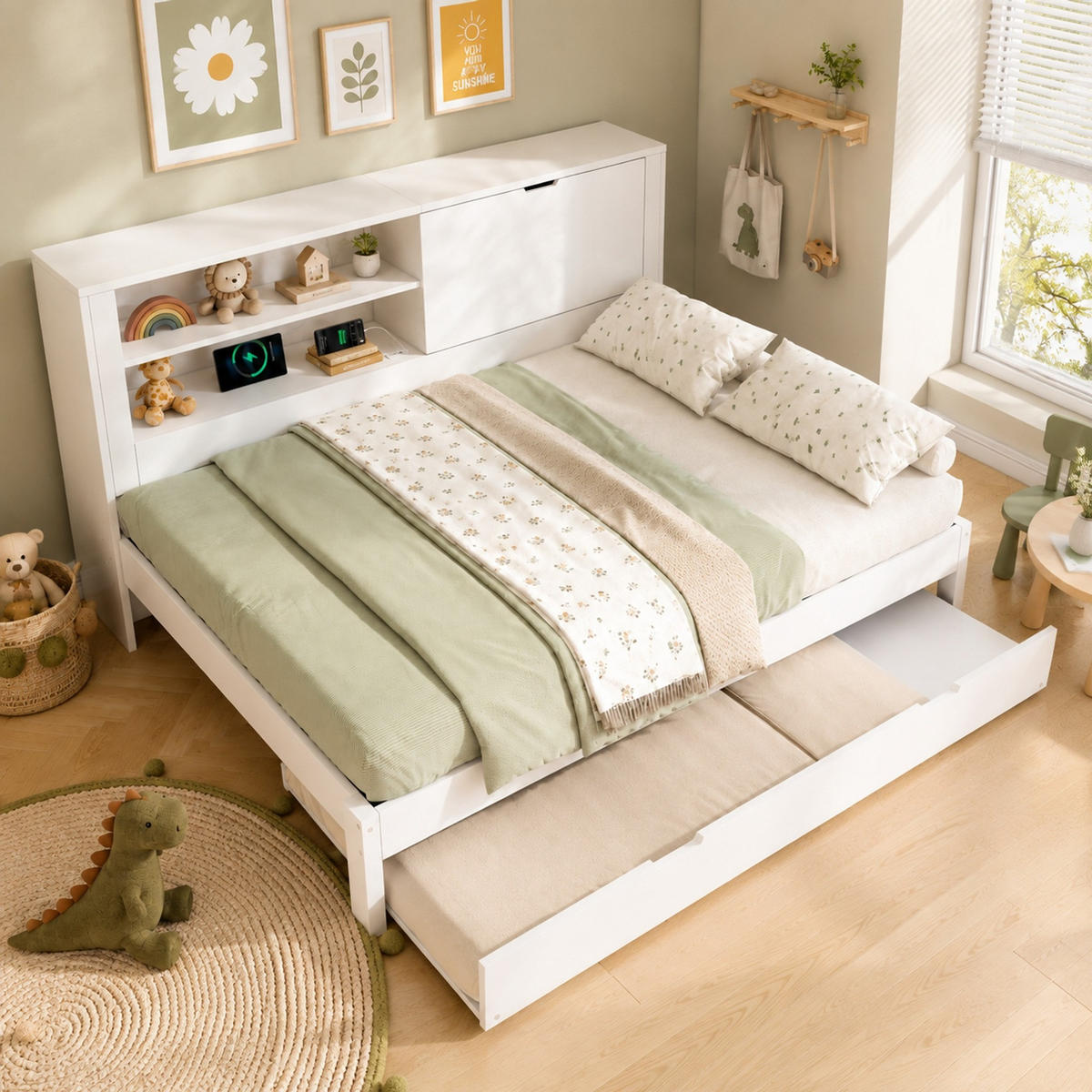 JUGENDBETT 140/190 mit Ausziehbett, Stauraum und USB in Weiß - Weiß, Holzwerkstoff (140/190cm) - EVRYAE