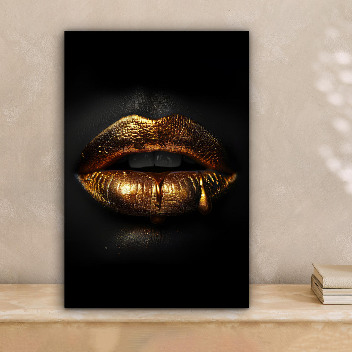 LEINWANDBILD Frau - Porträt - Lippen - Gold - Schwarz 20x30 cm - Schwarz, Textil (20/30cm) - MuchoWow