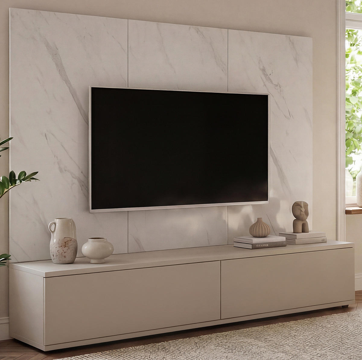 TV-LOWBOARD kaschmir, Marmor weiß 180 cm, TV Unterschrank Set mit Wandpaneel und Push-to-Open - Kaschmir/Weiß, Holzwerkstoff (180/155/45cm) - Inn.Furn