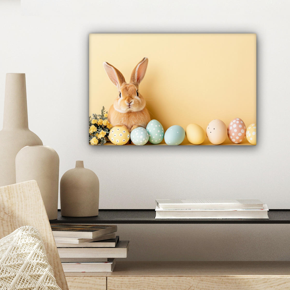 LEINWANDBILD Eier - Kaninchen - Pastellfarbtöne Deko Schlafzimmer 30x20 cm - Hellgelb, Textil (30/20cm) - MuchoWow