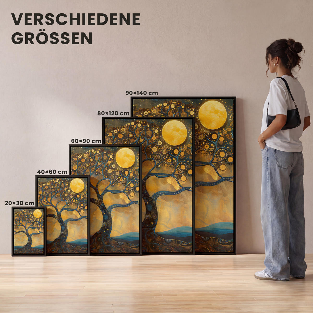 LEINWAND Bilder mit Rahmen - Baum - Mond - Blumen - Gold - Kunst - 20x30 - Orange, Textil (20/30cm) - MuchoWow