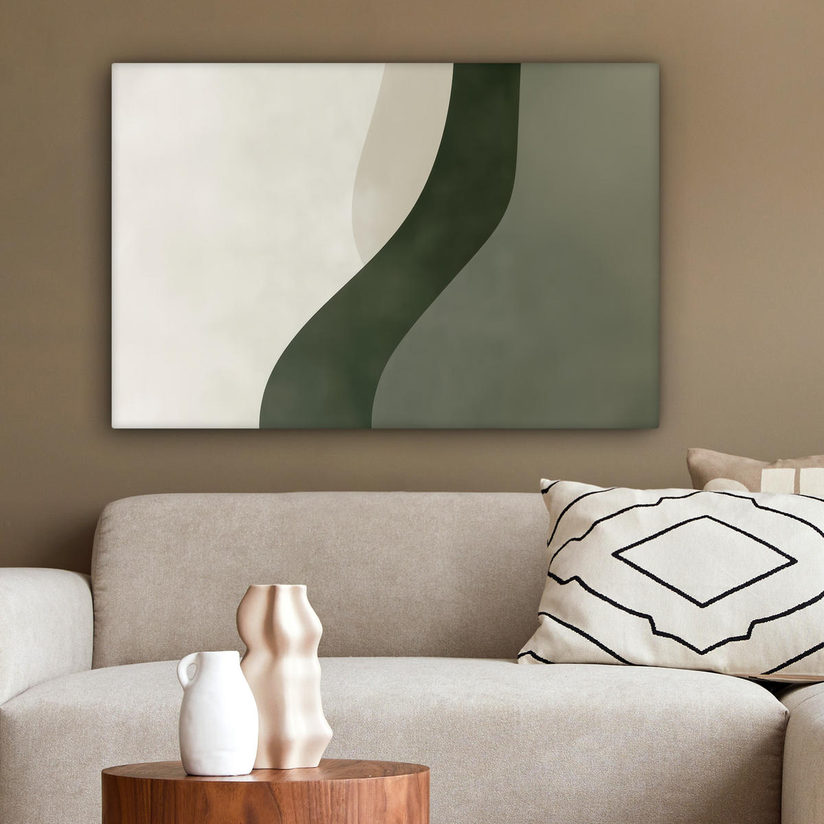 LEINWANDBILD Japandi - Grün - Abstrakt - Modern Wanddeko 90x60 cm - Salbeigrün, Textil (90/60cm) - MuchoWow