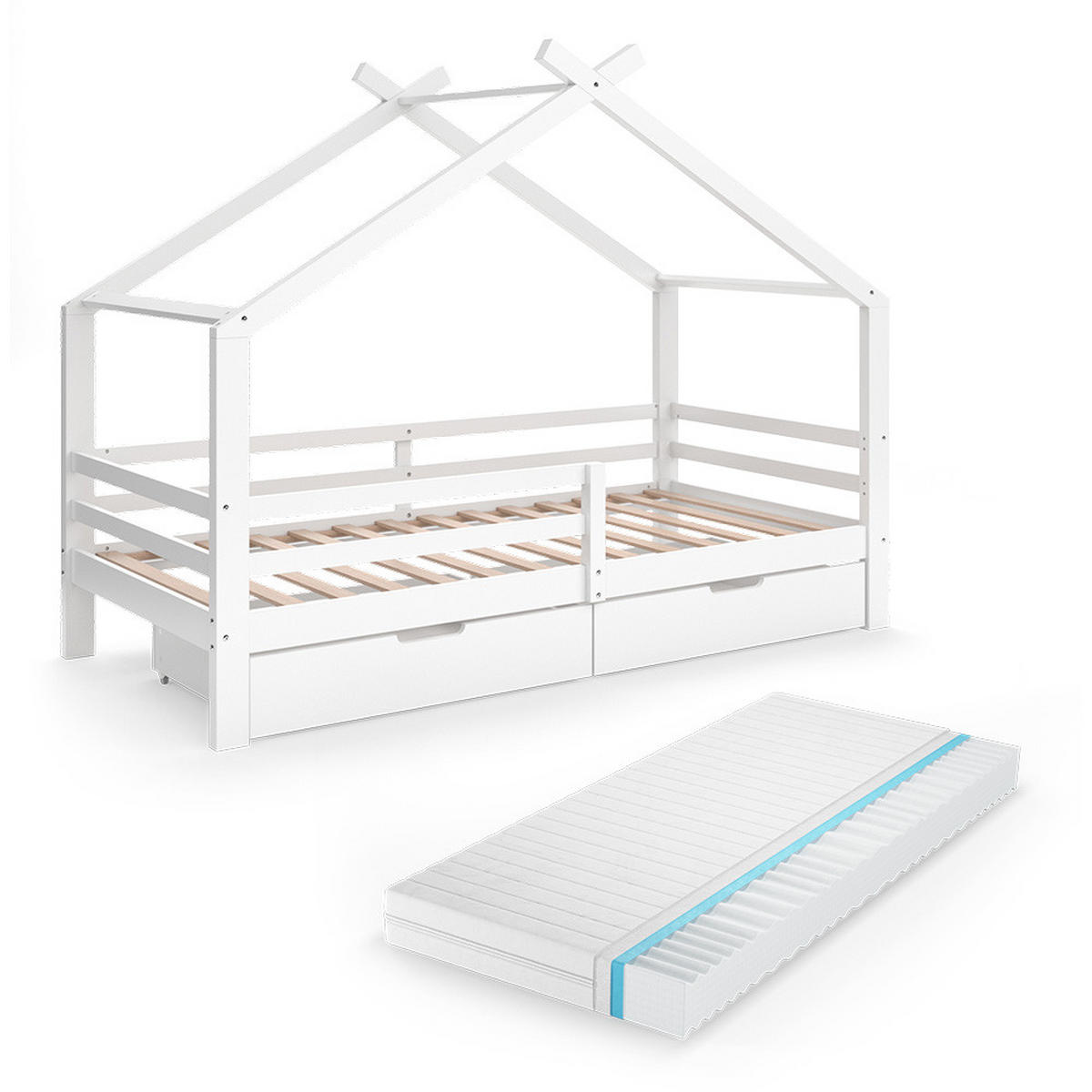 HAUSBETT Luni Weiß 200 x 90 cm mit Schubladen und Matratze - Weiß, Holz - VitaliSpa