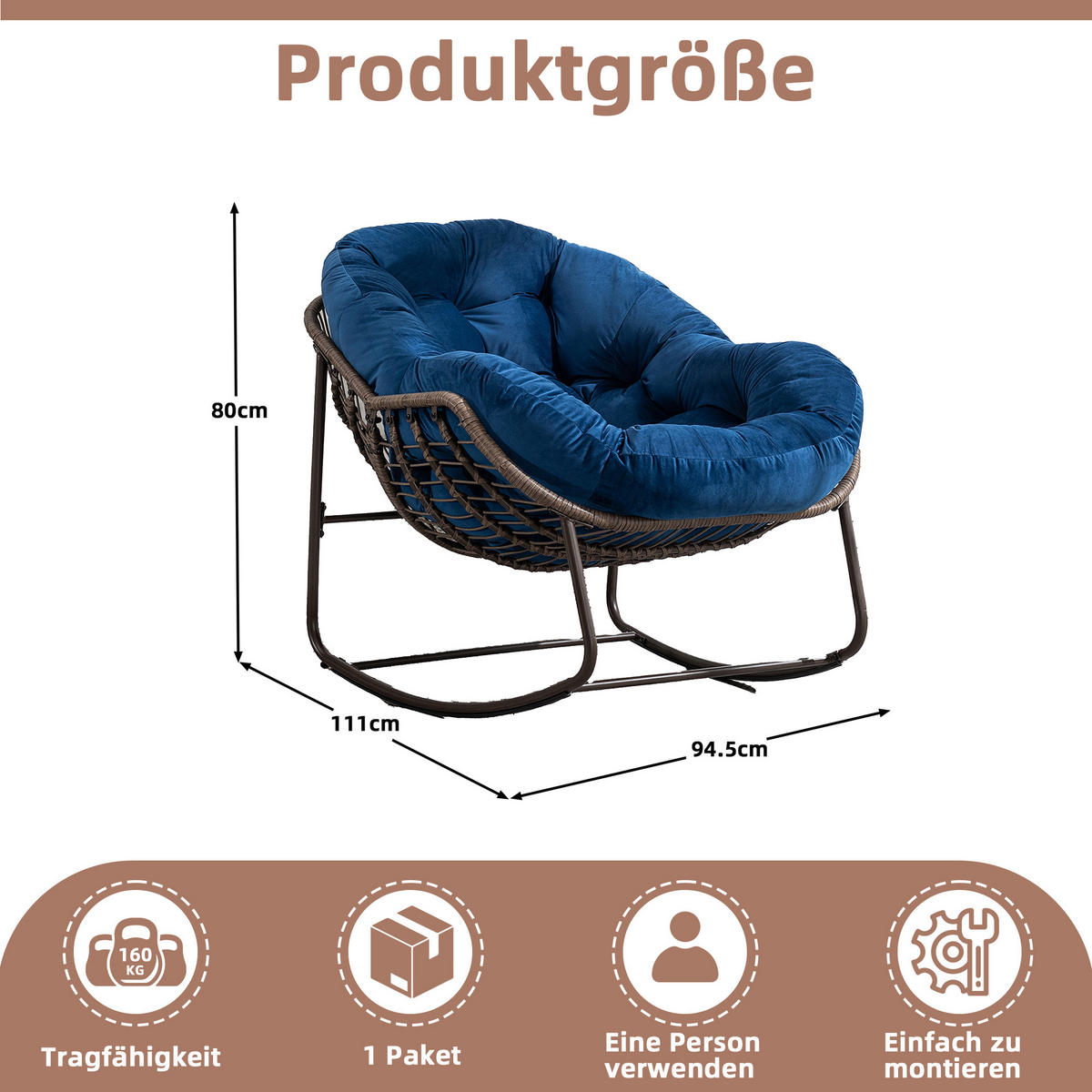 SCHAUKELSTUHL Schaukelsessel Garten,Rattanstuhl mit Stahlrahmen,Blau-Samt - Blau, Metall (94.5/80/111cm) - LVHOM