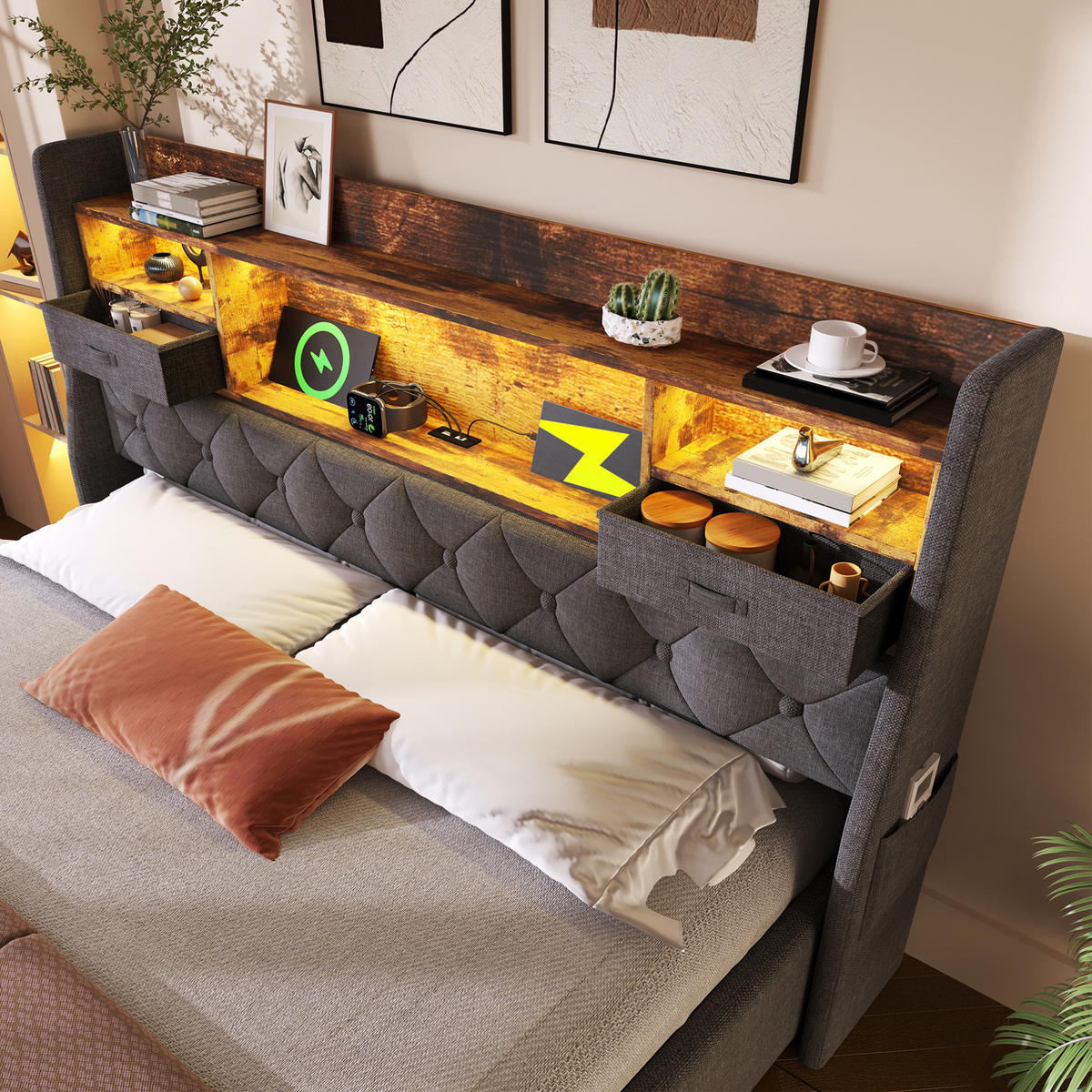 BETT mit Stauraum und LED 140x190 cm Leinen Grau - Grau, Metall (140/190cm) - Meubliv
