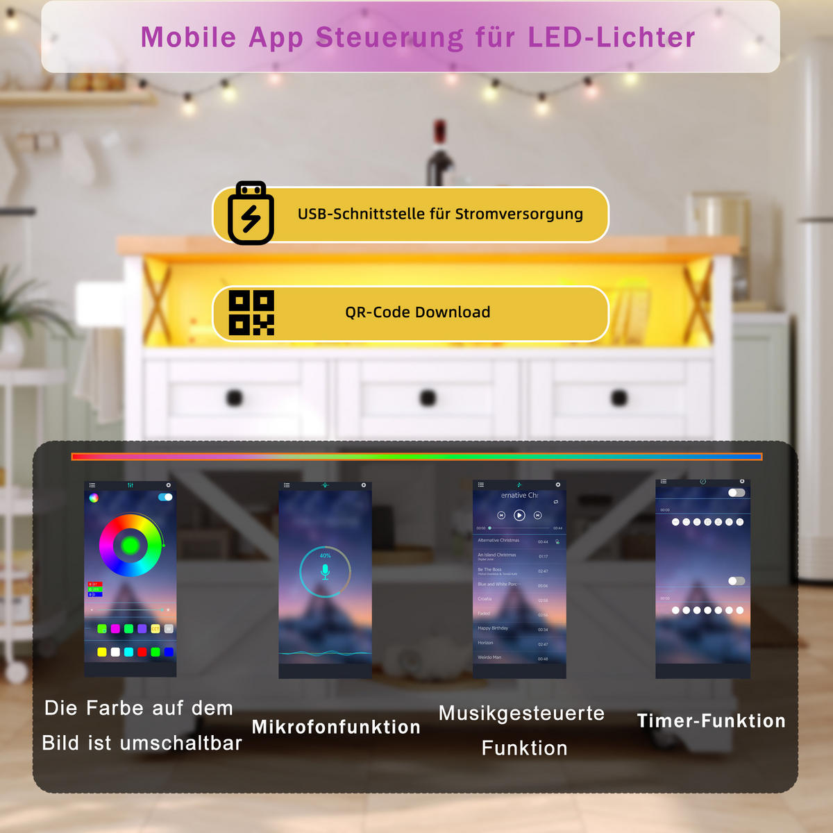 KÜCHENINSEL in Weiß Küchenwagen mit App LED, Klapptisch, 3 Schubladen und 2 Türen, als Sideboard und Servierwagen, B120/T71/H98cm - Weiß, Holzwerkstoff/Metall (120/98/43cm) - STILVORA