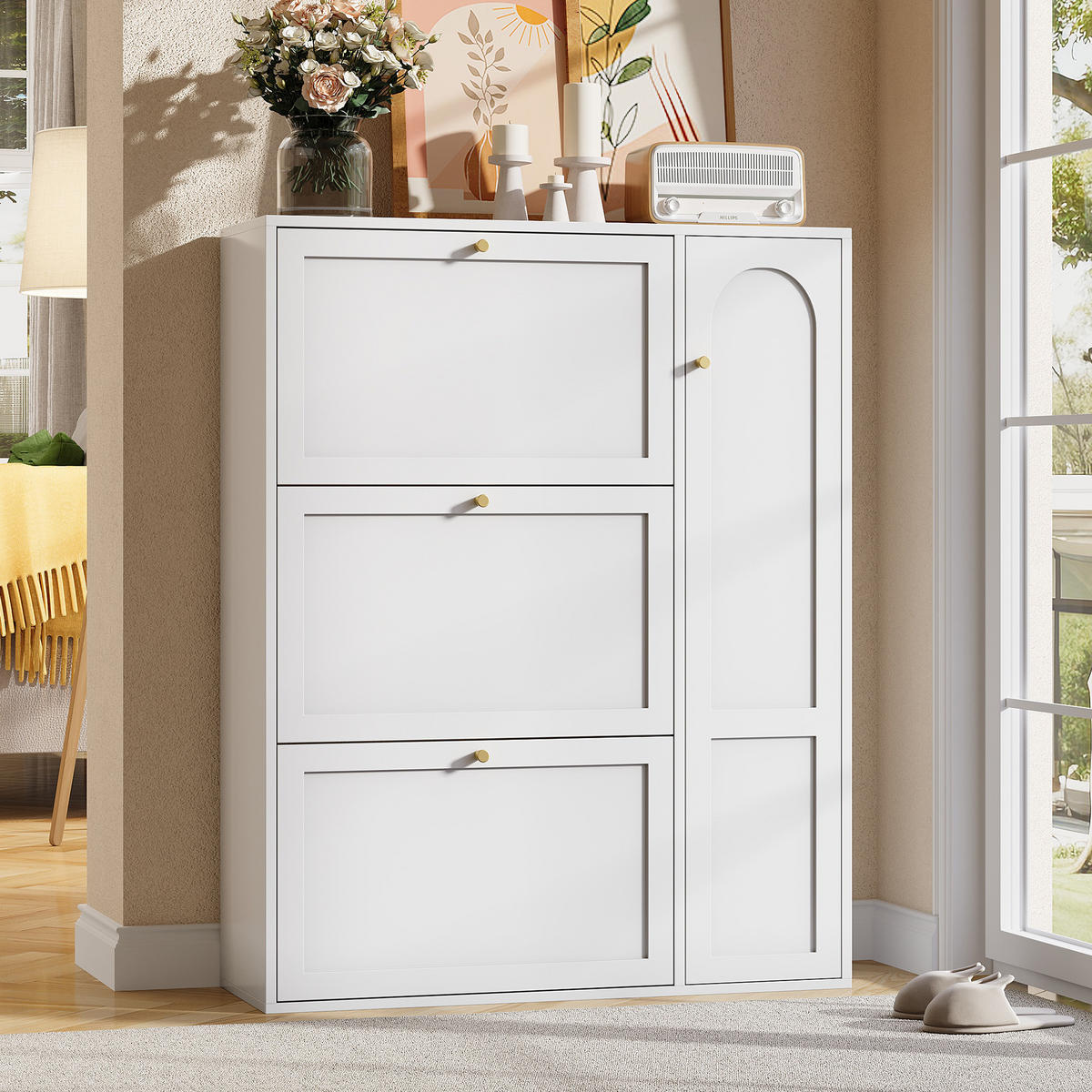 SCHUHSCHRANK aus MDF & Spanplatte 90x25x114cm in Weiß mit 3 Klappen & 1 Tür - Weiß, Holzwerkstoff (90/114/25cm) - Modfu