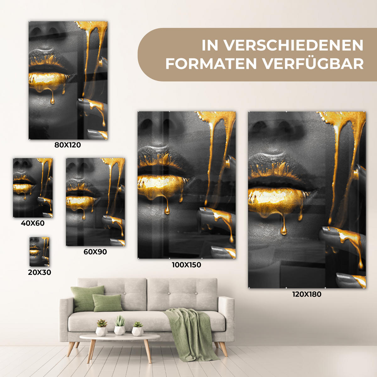 ACRYLGLASBILD Frau - Schwarz - Gold - Gesicht - Lippen 60x90 cm - Goldfarben, Glas (60/90cm) - MuchoWow