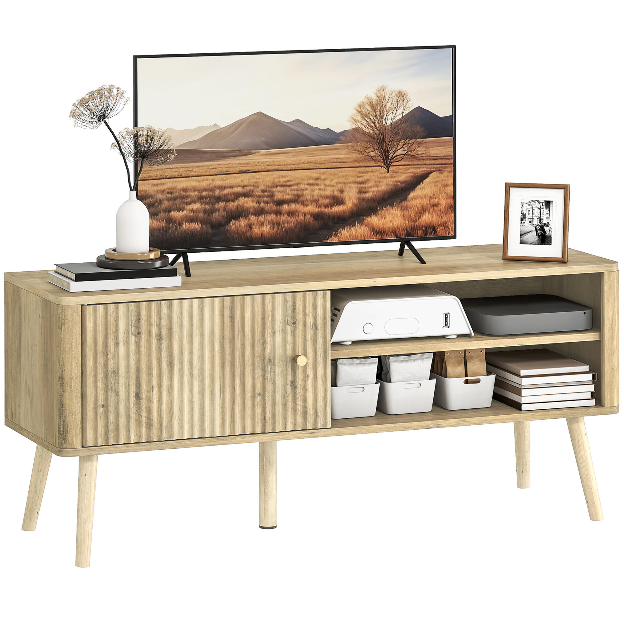 TV-BANK Eichenfarben 115/35/49 cm, 1 Tür, Offene Fächer, Kabelmanagement - Eichefarben, Holzwerkstoff (115/49/35cm) - PANGIVO