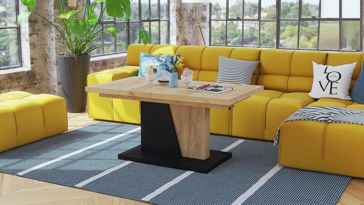 COUCHTISCH rechteckig Eiche Gold - Schwarz ausziehbar höhenverstellbar - Eichefarben/Schwarz, Holzwerkstoff (70/120/60cm) - designimpex
