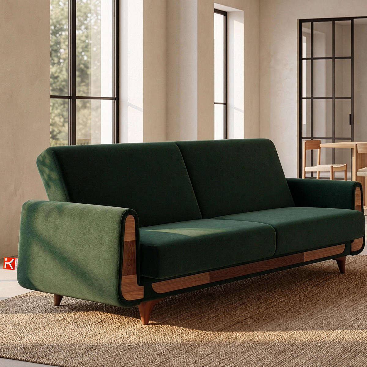 3-SITZER-SCHLAFSOFA GUSTAVO mit Armlehnen, dunkelgrün - Dunkelgrün/Braun, Holz/Holzwerkstoff (230/98/98cm) - KONSIMO®