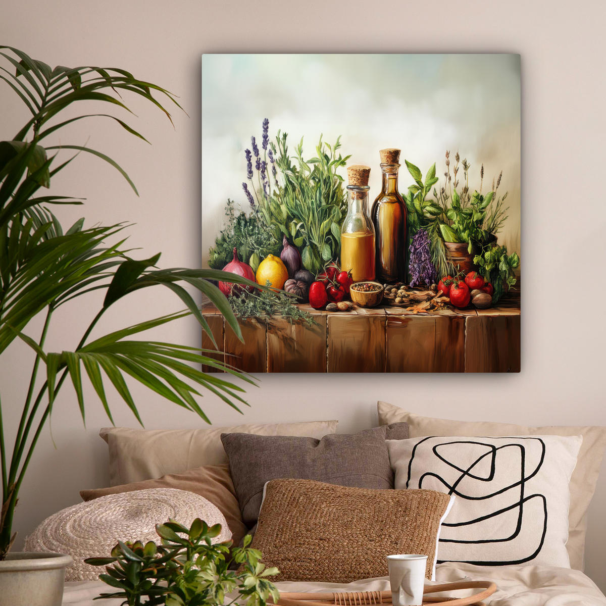 LEINWANDBILD Stilleben - Kräuter - Gewürze - Früchte - Farbenfroh Deko Groß 90x90 cm - Grün, Textil (90/90cm) - MuchoWow