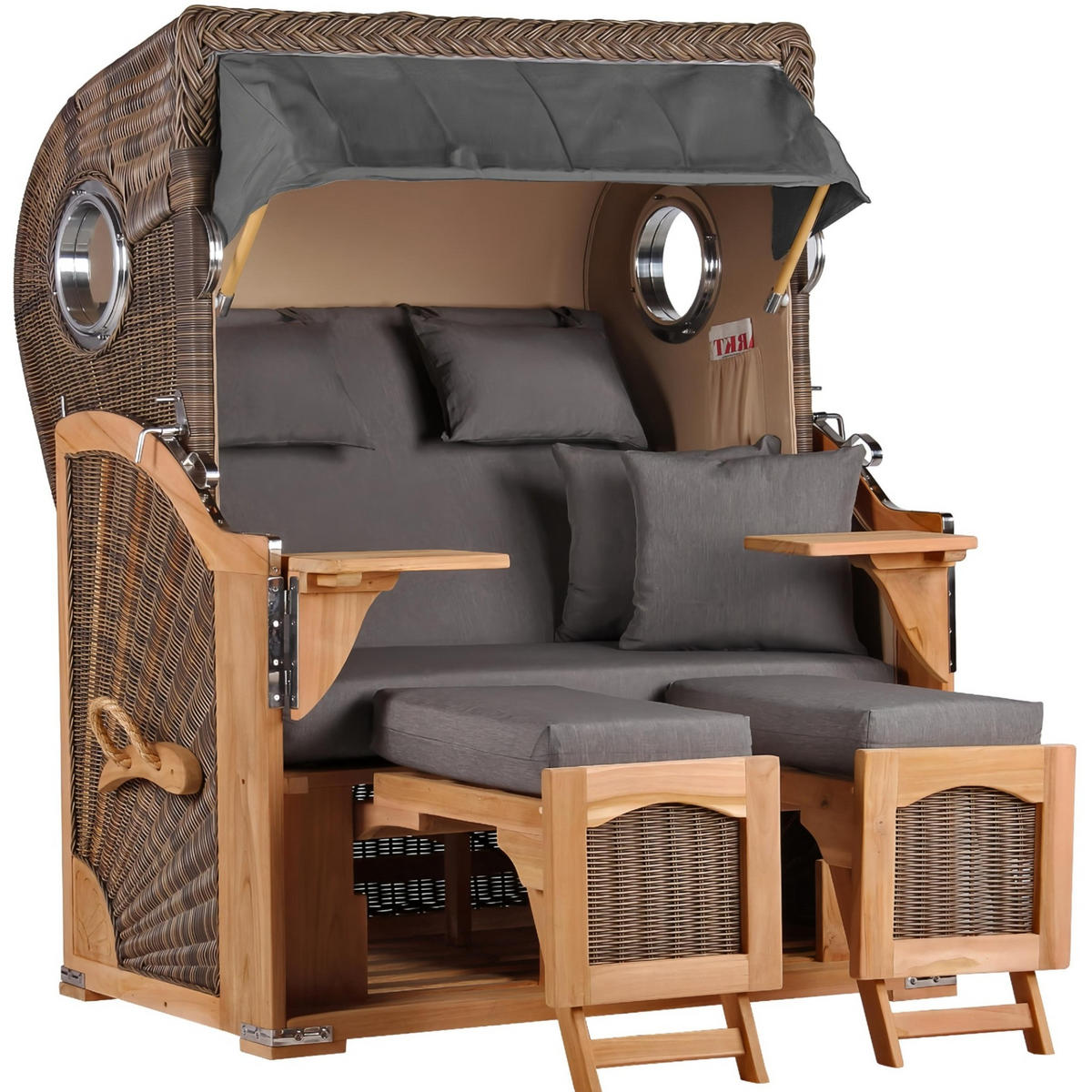 STRANDKORB Düne 2 Sitzer Teak PE Grey - Braun/Grau, Holz/Metall (125/170/80cm) - Mr. Deko