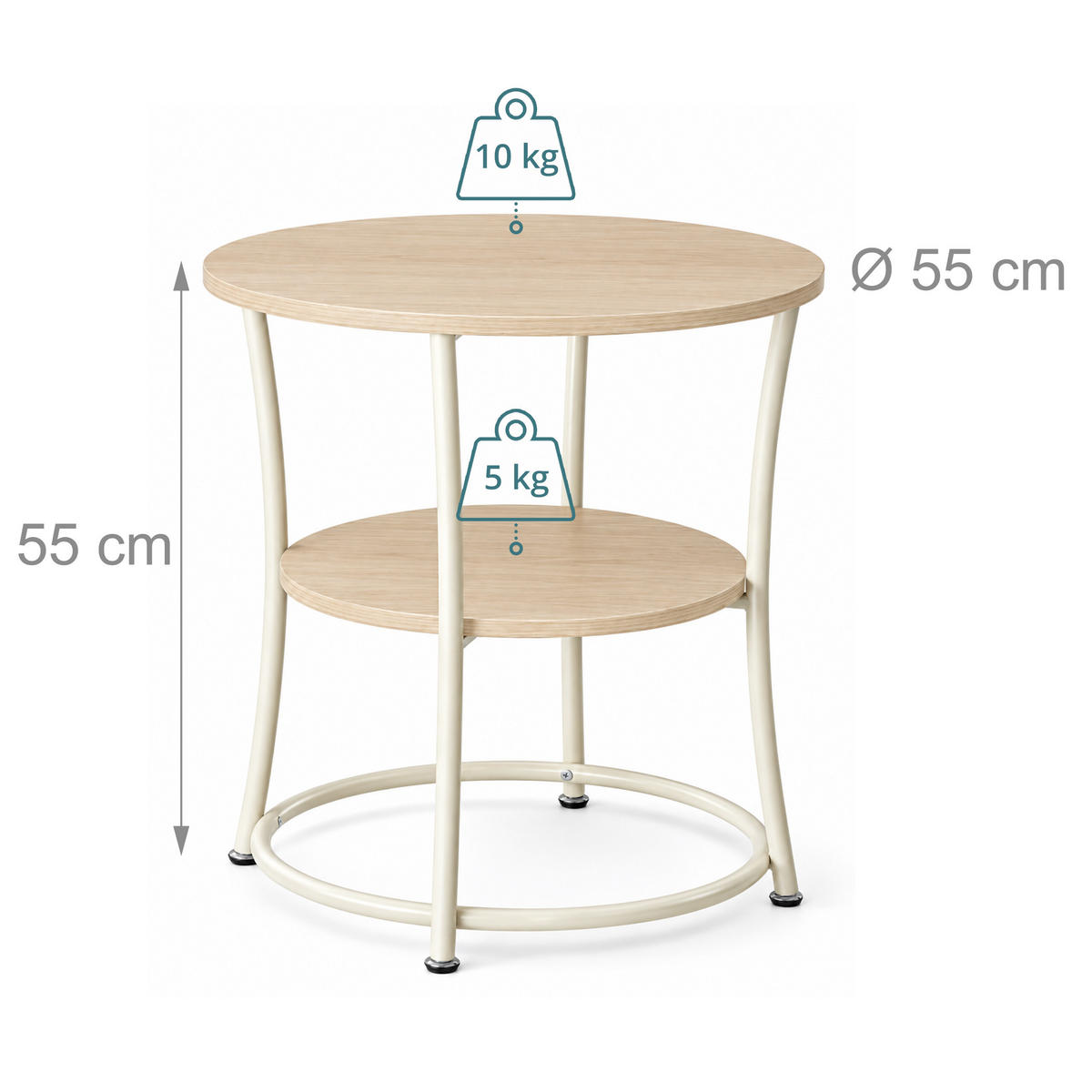 BEISTELLTISCH Creme rund 2 Ablagen 55x55 cm - Creme, Holzwerkstoff/Metall (55/55/55cm) - Relaxdays