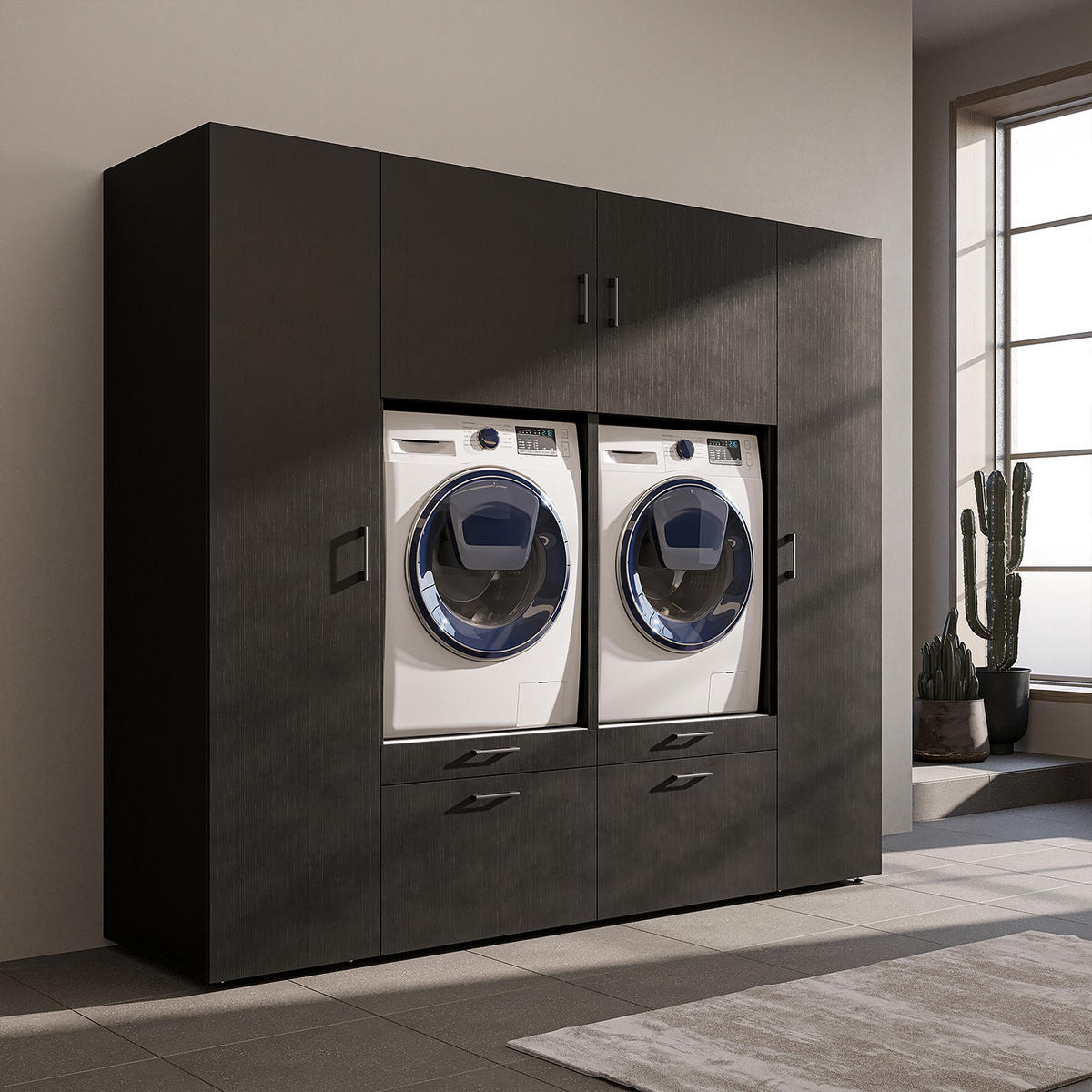 WASCHMASCHINENSCHRANK Serie 2 224cm Breit, 205cm Hoch - Schwarz, Holzwerkstoff (224/205/67cm)