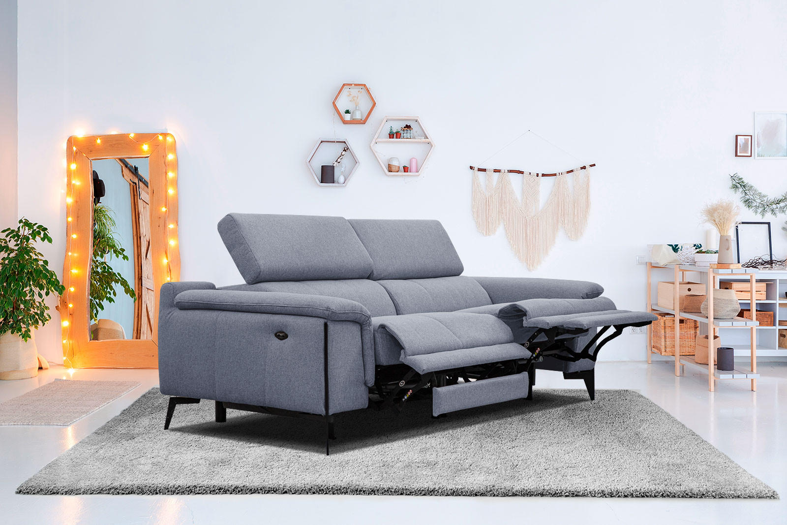 RELAXSOFA MATERA 3-Sitzer mit 2 Relaxfunktionen, hellblau - Schwarz/Hellblau, Holzwerkstoff/Textil (212/82/103cm) - Courtois Laville