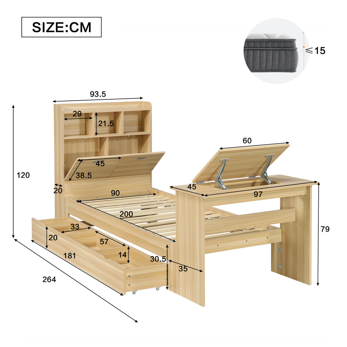 JUGENDBETT 90/200 cm in Natur mit Stauraum, Klapptisch und Kopfteilregal - Naturfarben, Holzwerkstoff - STILVORA