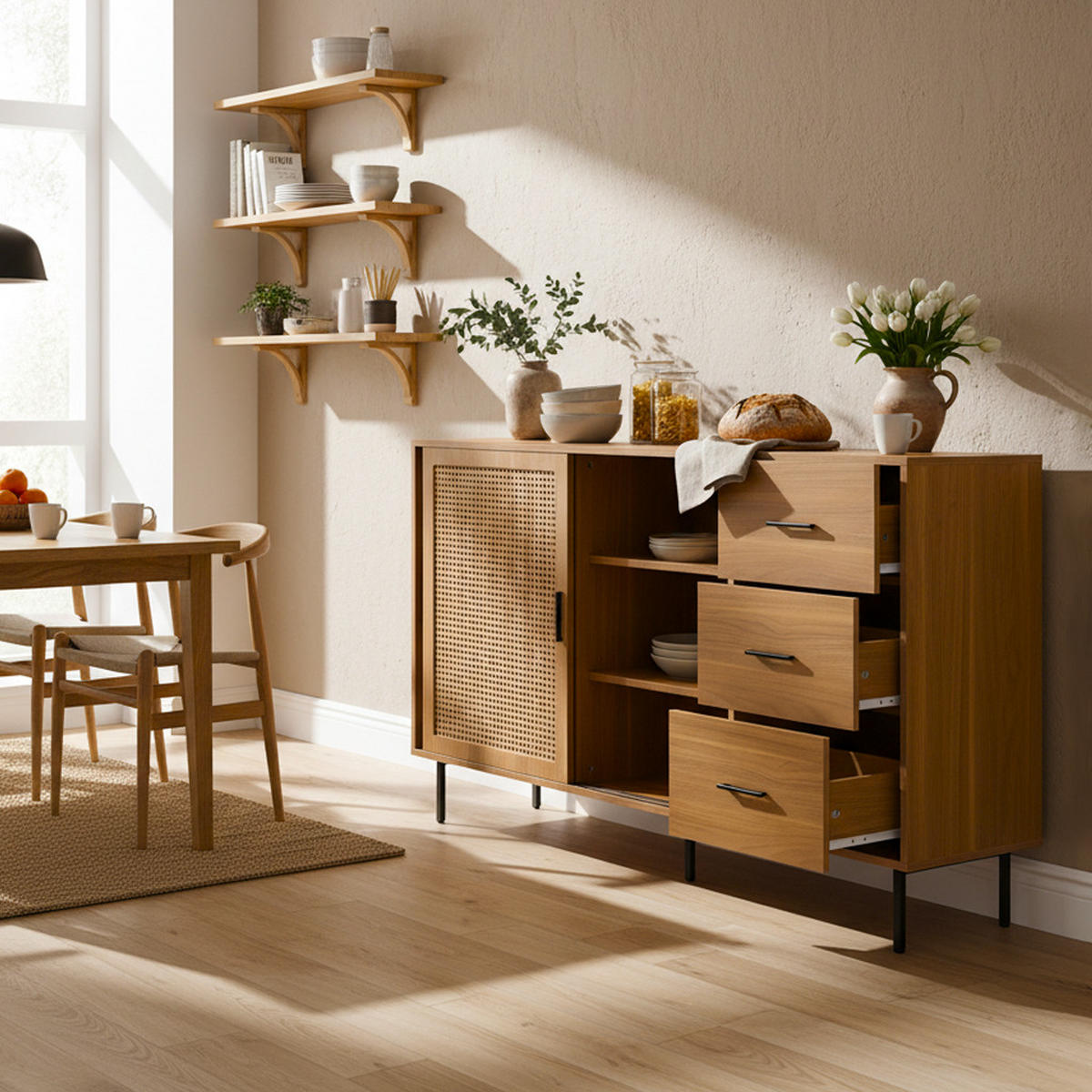 SIDEBOARD 2 Schiebetüren, 3 Schubladen, verstellbare Regale Wohnzimmer & Esszimmer Aufbewahrung - Braun, Holzwerkstoff (140/91/37cm) - Urban Meuble