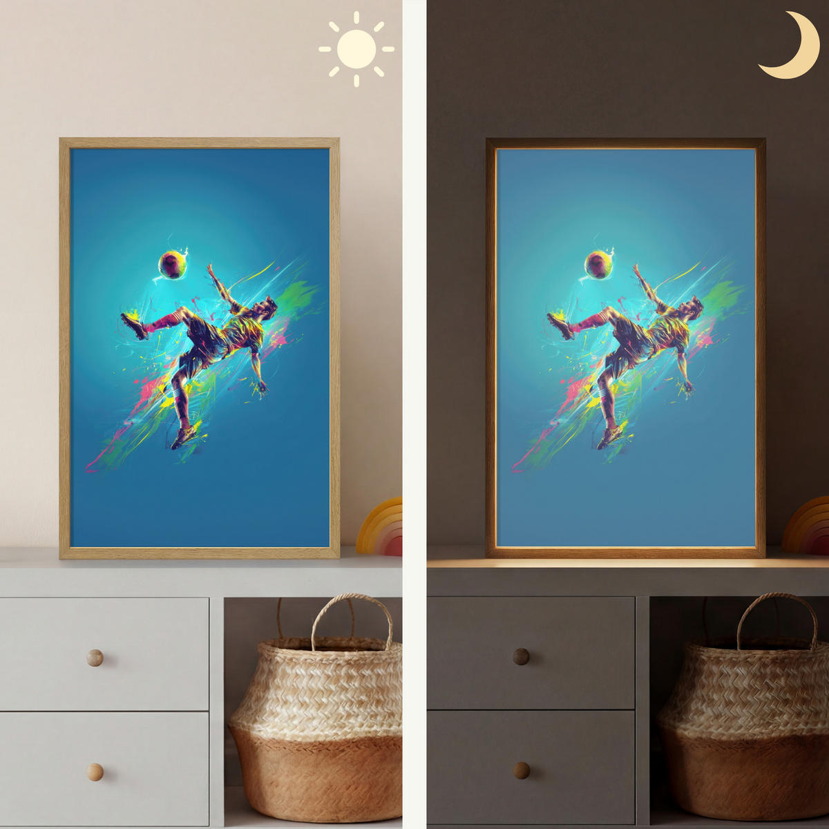 NÁSTĚNNÁ LAMPA S AKUMULÁTOREM Fotbalista - Stříkající barva - Barevné - Míč 40x60 cm - modrá, kompozitní dřevo (40/60/8cm) - OnlyWow