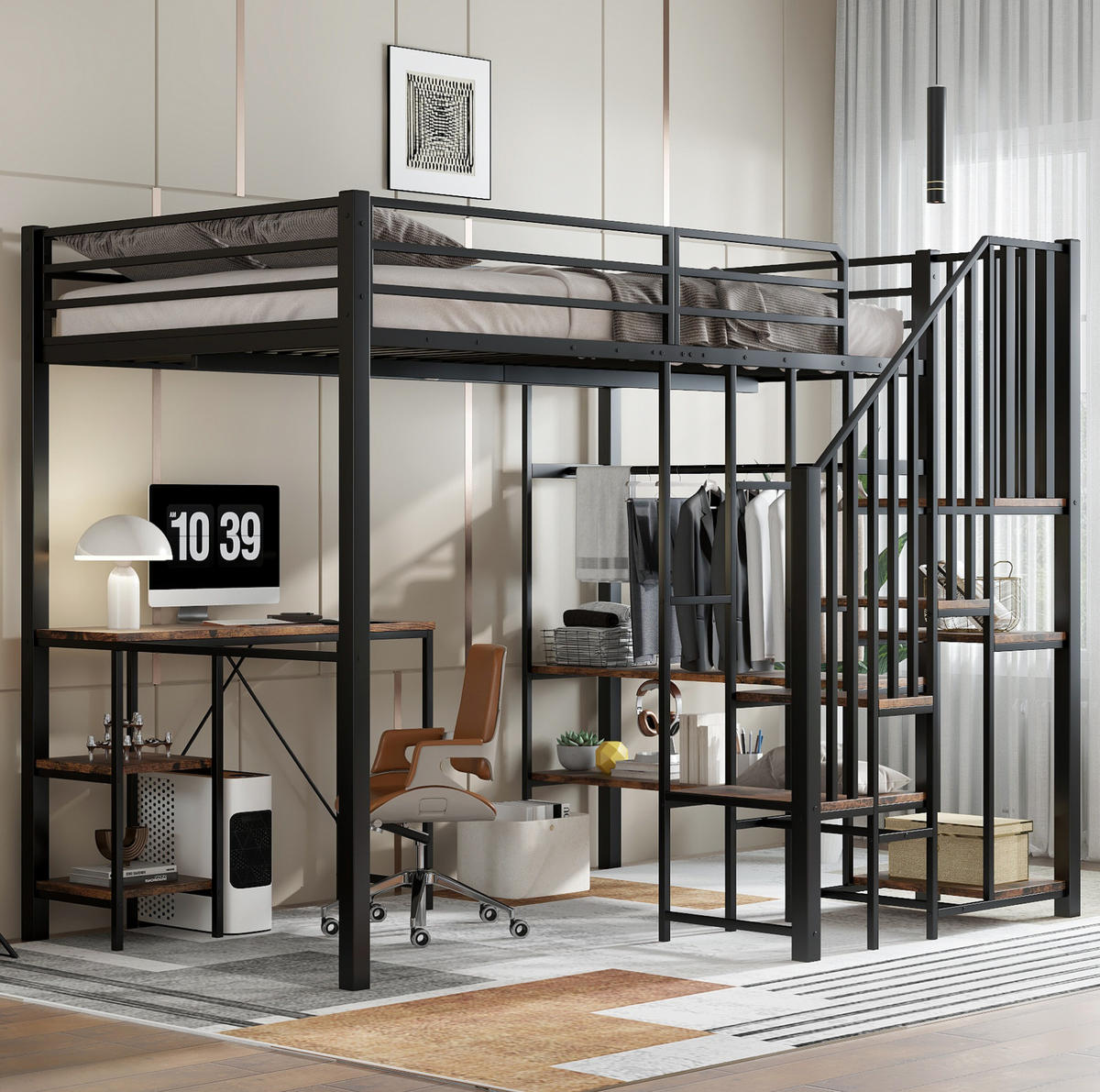 ETAGENBETT aus Metall und MDF 120x200 cm Schwarz mit Schreibtisch, Regal, offenem Kleiderschrank und Eckleiter - Schwarz, Holzwerkstoff (120/200cm) - Modfu