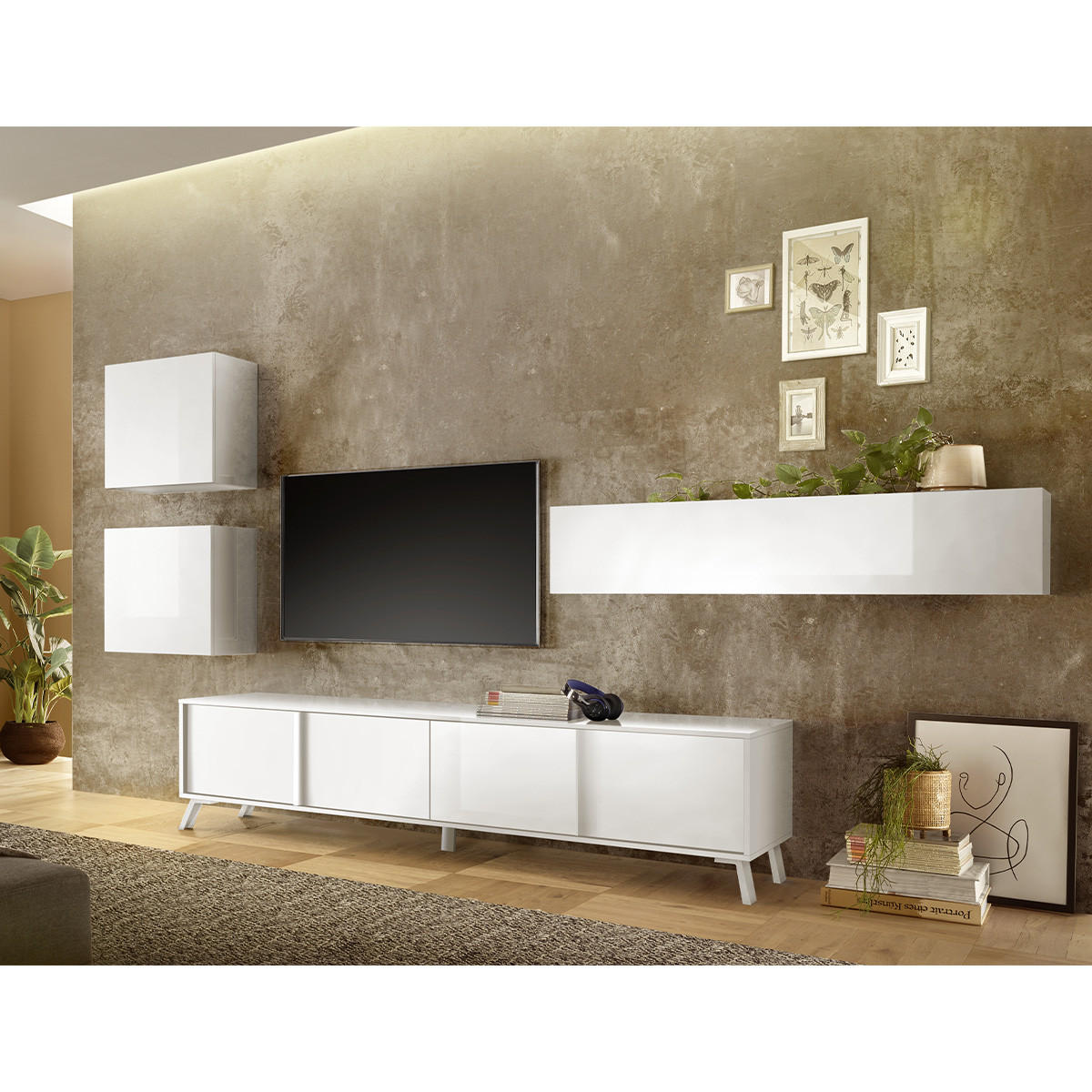 TV-MÖBEL mit 4 Türen L205 cm - City - Weiß, Holzwerkstoff (40/48/205cm) - Calicosy