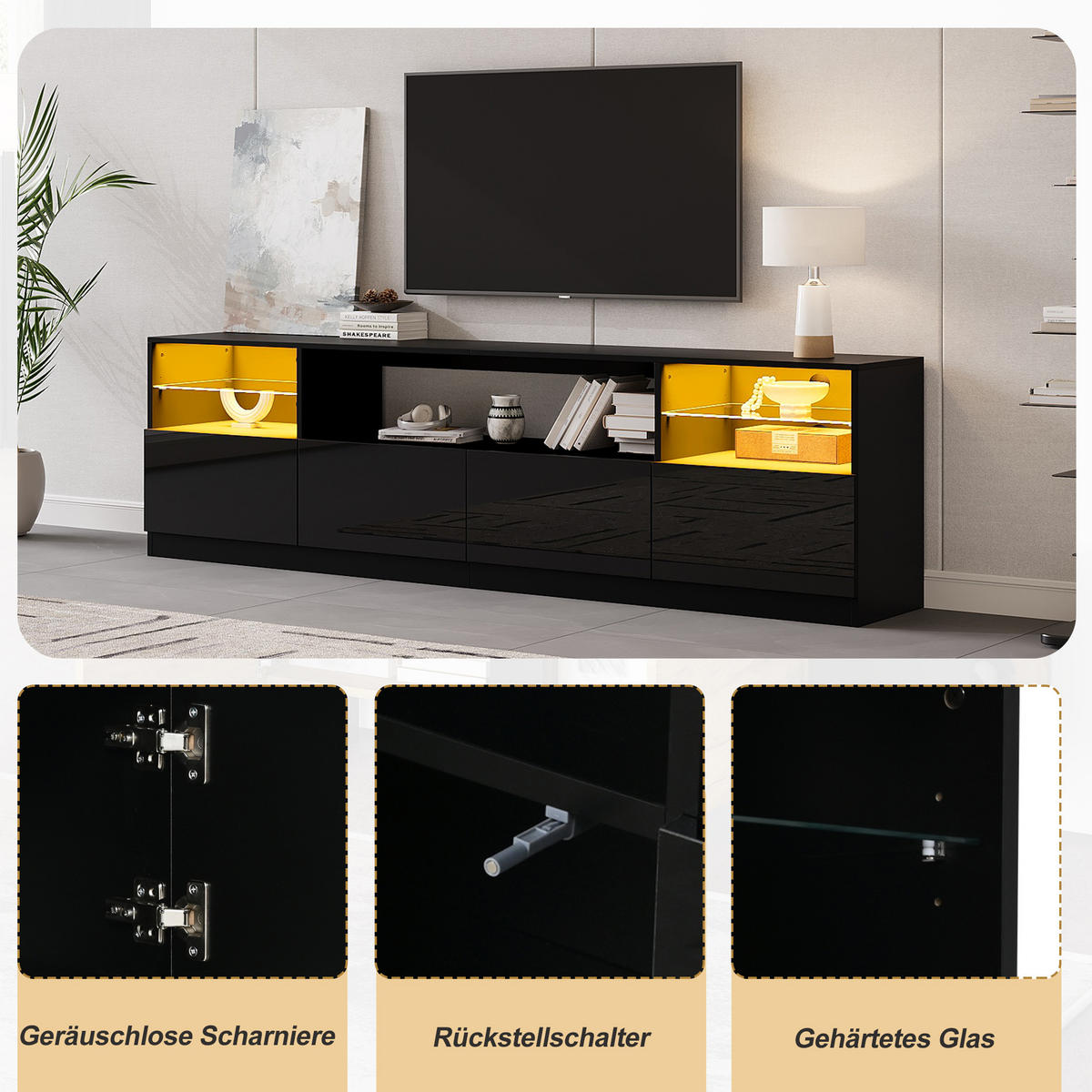 TV SKŘÍŇKA v černé barvě s LED osvětlením do obýváku, Š180/H35/V60 cm - černá, kompozitní dřevo/sklo (180/60/35cm) - STILVORA