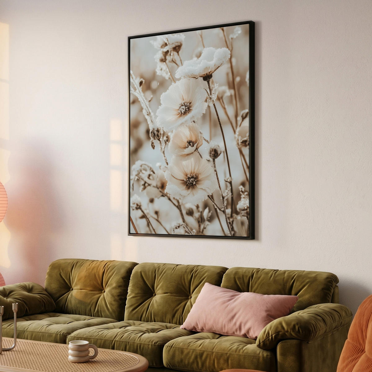 LEINWAND Bilder mit Rahmen - Blumen - Winter - Weiß - Schnee - Beige - 90x140 - Creme, Textil (90/140cm) - MuchoWow