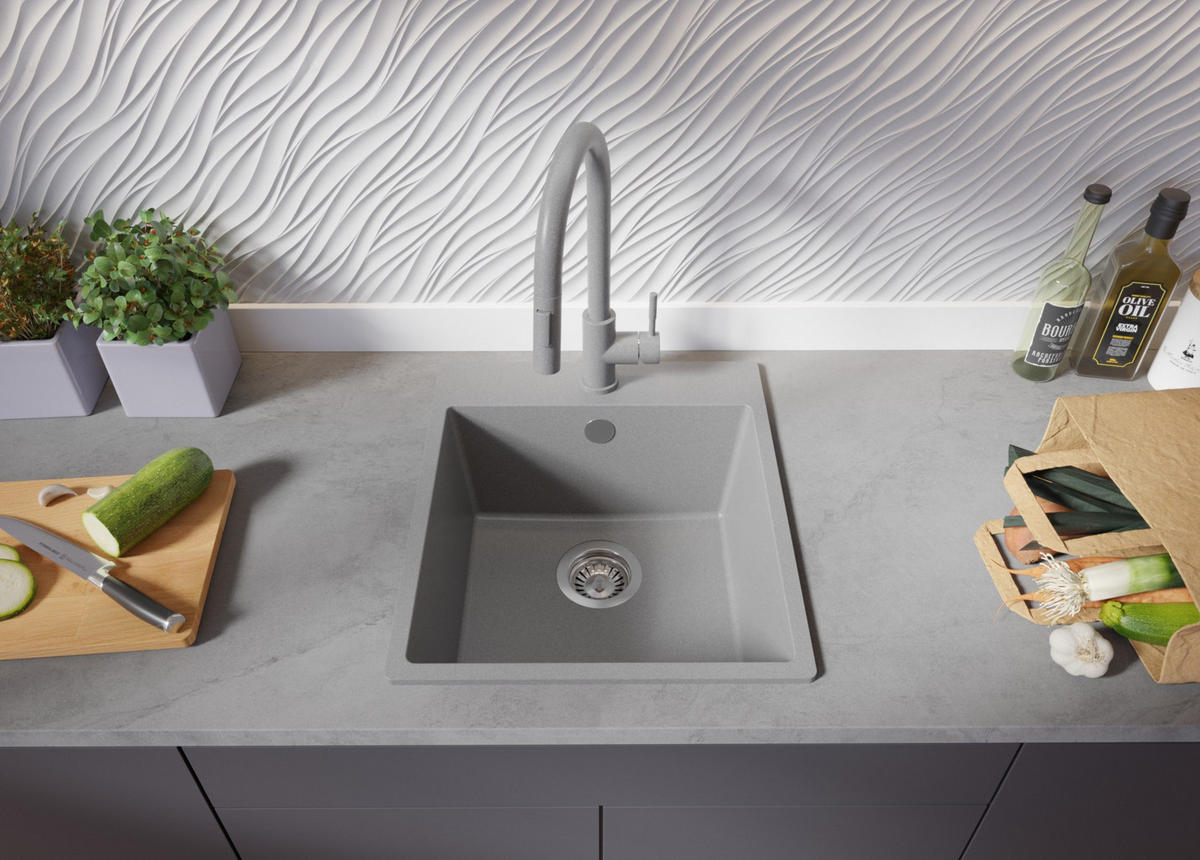 SPÜLBECKEN Riga, 2-er set Grau 43/50 cm 1 Becken + Ablauf-Set ab 45er Unterschrank - Grau, Kunststoff (43/20/50cm) - Primagran