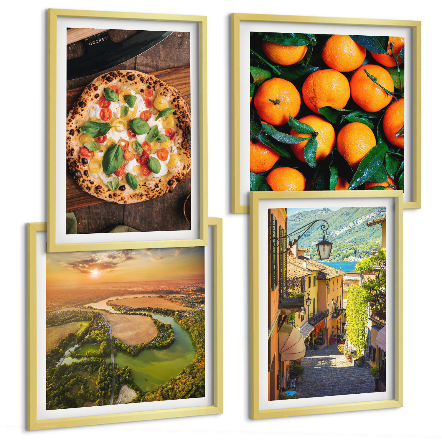 BILDER SET 4er Set - 50x50 cm & 40x60 cm Goldrahmen - Italienische Flüsse, Hügel, Straße - Goldfarben, Kunststoff (50/50cm) - TULUP