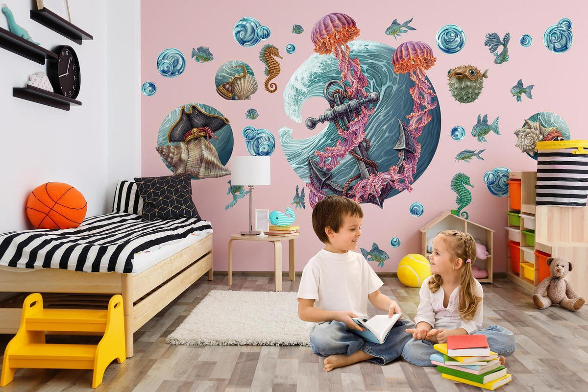 WANDAUFKLEBER 130x139cm - Die Unterwasserwelt der Quallen - Multicolor, Kunststoff (130/139/0.1cm) - Wallfluent